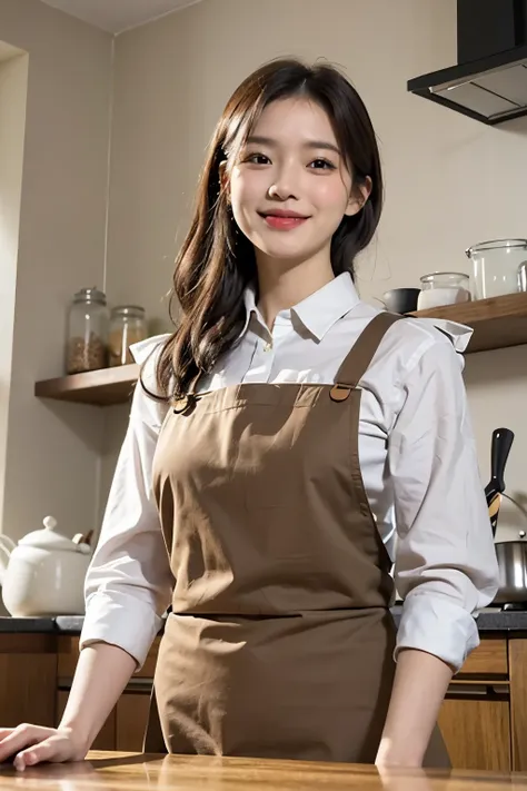 Mid-shot of a beautiful Asian woman in the kitchen, with a bright and pretty smile ((From below: 1.4)). She wears an equally beautiful apron, adorned with intricate patterns and frills (kitchen_aprons: 1.Wear 3). Her hands move gracefully as she reaches fo...