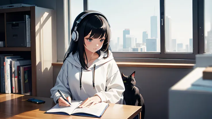 black hair　long hair　an adult woman is studying in her room, large room　listening to music through headphones, looks very comfor...