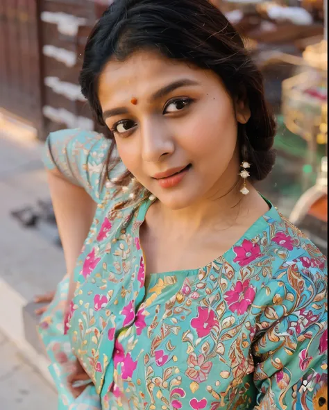 there is a woman that is posing for a picture with a bird, wearing a silk kurta, with lovely look, traditional beauty, indian, s...