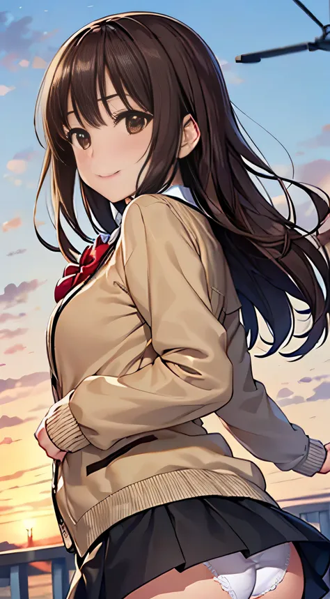 ((Tabletop, highest quality, High resolution, , Perfect Pixel,  4K,))), 1 high school girl, single, alone, beauty、The whole body is visible、 ((Mid-wave hair, bangs, Brown Hair)), ((Brown eyes, Beautiful eyelashes, Realistic eyes)), ((Detailed face, Blushin...