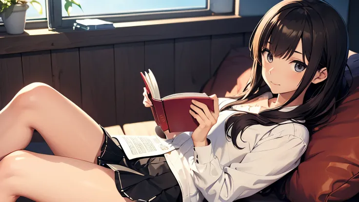 Anime girl in a miniskirt, Reading a book,whole body,Complete two-legged,Complete Hand,Makoto Shinkai&#39;s art style, Shinkai Makoto style, Painted in an anime artist&#39;s studio, By Shinkai Makoto. Digital Rendering, Lo-fi Girl, ( ( By Shinkai Makoto ) ...