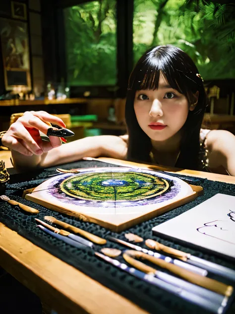 One Girl, (witchcore, magic, pagan, Mysterious, nature, occult) , magic師, Spell Magic, magic circle, ((Magic in the hands)),(Tabletop, highest quality:1.4),(Absurd, High resolution, Ultra-detailed:1.2),(黒magicを使う:1.4), Imaginative Overlays, Artistic Fusion...