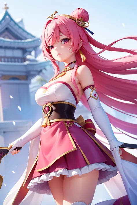 Masterpiece in 4K, ultra-high resolution, showcasing an Asian pretty young girl with pink hair and a long purple skirt, as an aerial view captures her extreme details. She stands out against the wintery landscape, wielding an intricately designed ice and s...