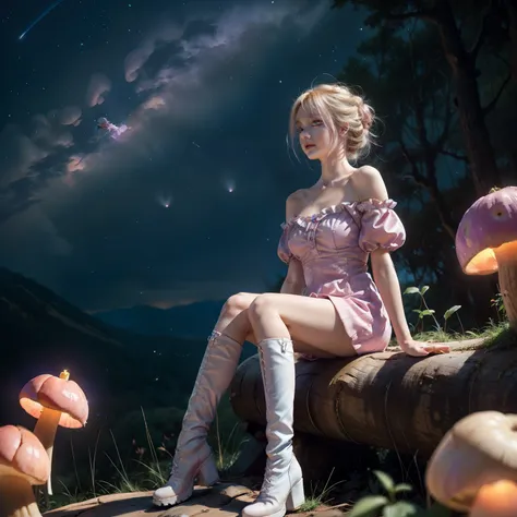 Light blonde anime girl，Light blue-purple eyes，Wearing a pink off-shoulder puff sleeve dress，Knee-high white boots，Sitting in the woods，Next to the orange mushroom，Fireflies surround，Sit under the stars  