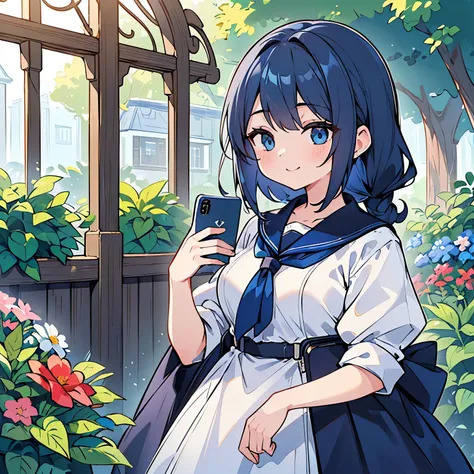 (((A housewife with navy blue hair holding a smartphone in both hands))),Blue Eyes,Open your mouth, A sloppy smile, Esbian all over,garden,(Highest quality, In 8K, masterpiece, Ultra-detailed)