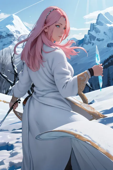 (4K, Realistic, High Resolution), In the heart of a winter wonderland, a high definition image comes alive, showcasing the captivating beauty of a woman surrounded by snow-capped mountains in the distance. Her ample breasts, swathed in layers of warm cloth...