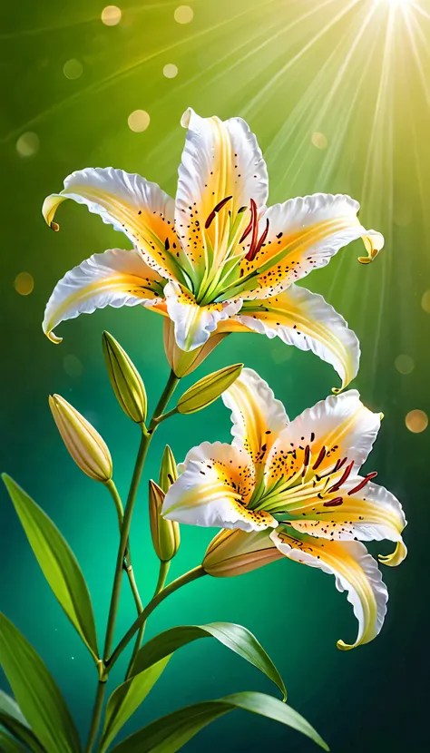 best quality, masterpiece, (high resolution, Very detailed:1.2), Movie Lighting, Vibrant colors,
Close-up of lily (flower), Green background, Bokeh.