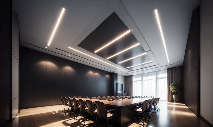 There is a large conference table and chairs in the conference room, meeting room, cubical conference roomoffice, in a conference room, wonderful, High-end, High-end, Modern look, Office ceiling, Futuristic Government Office, Prepare for a meeting, big des...