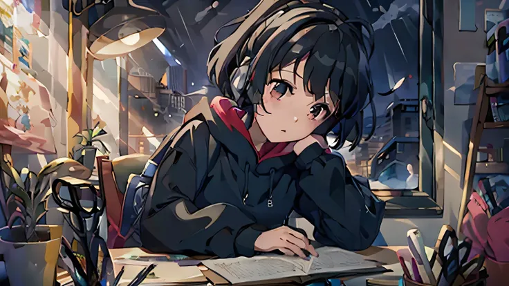 (highest quality:0.8),(highest quality:0.8),Perfect anime illustration, High resolution, A black-haired girl wearing a black hoodie, Landscape, relax,Working, concentrated, Daily life,Inside the room