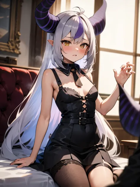 NSFW,Hololive,Laplace Darkness,long hair,Small breasts,Fantasy Dress,Lace dress,Large fishnet stockings,Iron Collar,In heat,A wistful look,Castle,Luxury Room,(Perfect hands),(Perfect Anatomy),(masterpiece),(highest quality),barker,lure,Alluring expression,...