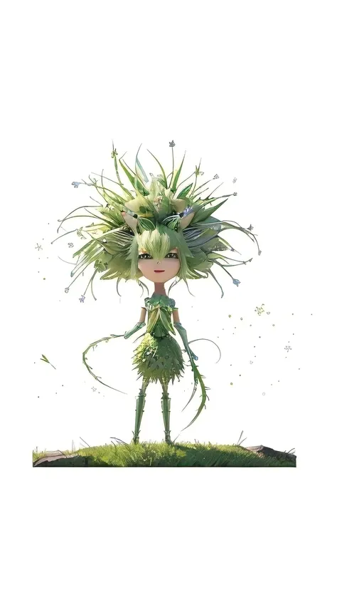 Cartoon illustration of a girl with spiky hair and a green dress, Fairy Characters, Cute woodland creatures, Cute little troll, Cute robot with grass hair, Human-like thistle monster, Adorable digital painting, Cute and detailed digital art, Art Station Ch...