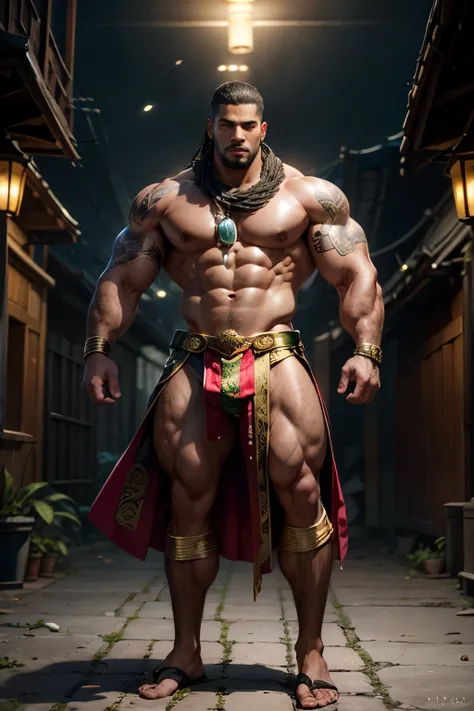 character portrait painting including full-length body image, huge muscular physique, handsome Jamaican, longshot, naked male in Arabian Nights costume, visible alien tattoos on huge muscular thighs chest and shoulders, loos elaborate kimono-style skirt, g...