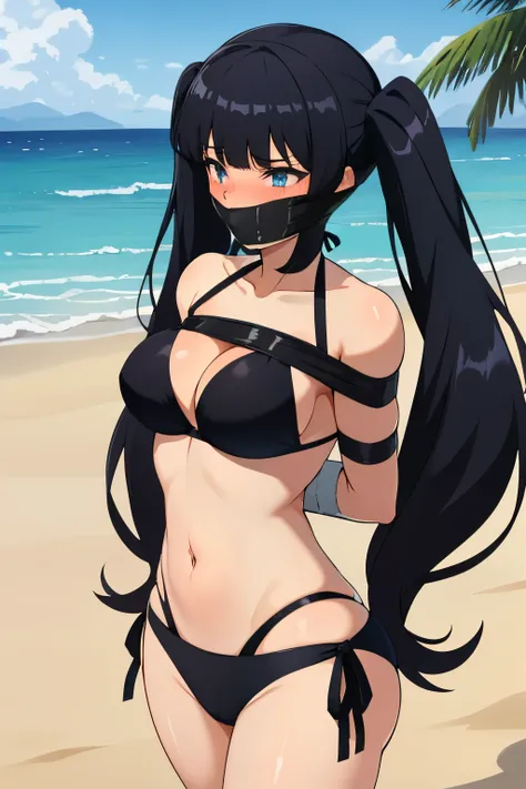 1 girl, Long black hair, Long twintails, hochgesteckte schwarze haare, improvisierter Knebel, Klebebandknebel, GEKNEBELT, Klebeband, festgebunden, Arms behind the back, gefesselte Arme, black Bikini, blushing, Tape gag, Standing, beach in the background