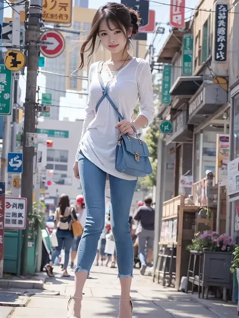 ((Realistic、highest quality、Natural light on a sunny day、Clear focus))、With a girl、Perfect figure、Narrow waist、Black Hair、Layered Cut、Pink long sleeve buttoned shirt and white tank top、High heel sandals、Americas bustling city streets、Blur the background、14...