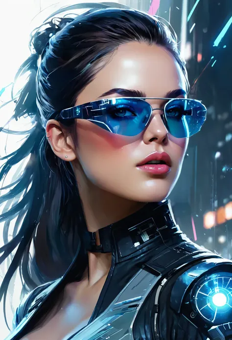 design a digital artwork，portraying a futuristic femme fatale，, reflective glass glasses and a smooth, high-tech texture, center...