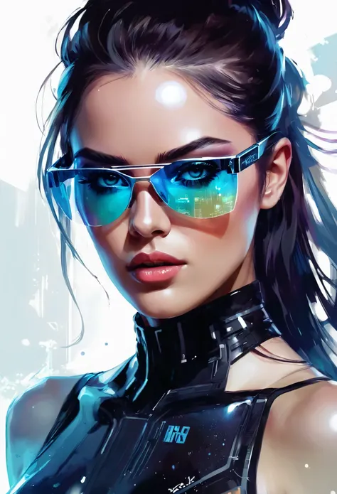 design a digital artwork，portraying a futuristic femme fatale，, reflective glass glasses and a smooth, high-tech texture, center...