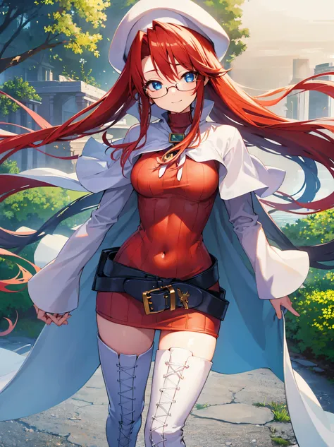 pov,summonnightaty, aty, (young:1.3),long hair, blue eyes, red hair, beret, hat, glasses,
BREAK long hair, thighhighs, hat, dress, boots, glasses, belt, cape, sweater, zettai ryouiki, beret, thigh boots, white footwear, ribbed sweater, loose belt,solo,
BRE...