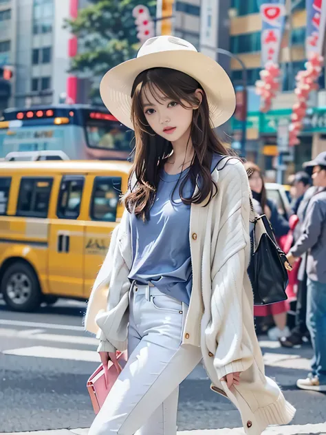 ((Realistic、highest quality、Natural light on a sunny day、Clear focus))、With a girl、Perfect figure、Narrow waist、Black Hair、Layered Cut、Pink long sleeve buttoned shirt and white tank top、High heel sandals、Americas bustling city streets、Blur the background、14...