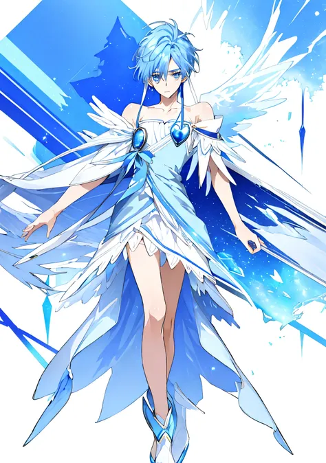 blue haired boy cartoon character closeup、solo、portrait of magic boy、boy in white and blue dress、long legs、heavenly aura、ice aur...