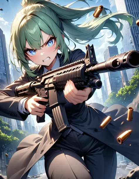masterpiece, best quality, highres, 1girl, solo, solo focus, green hair, medium hair, ponytail, bangs, blue eyes, beautiful detailed eyes, beautiful detailed face, cute face. angry, clenched teeth. light grey suit and tie, matching pants, slacks, black dre...