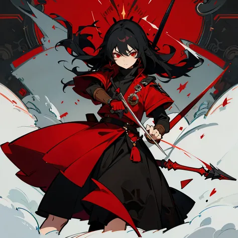 black hair，Black，juvenile，red eye，red accessories，Holding a black spear，The look was cold