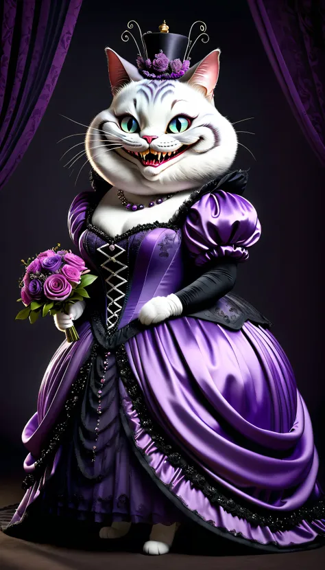 photorealistic portrait of dressed animals - a ((fat)) cheshire cat bride,(elegant pose),(creepy smile),(furry), high quality,(l...