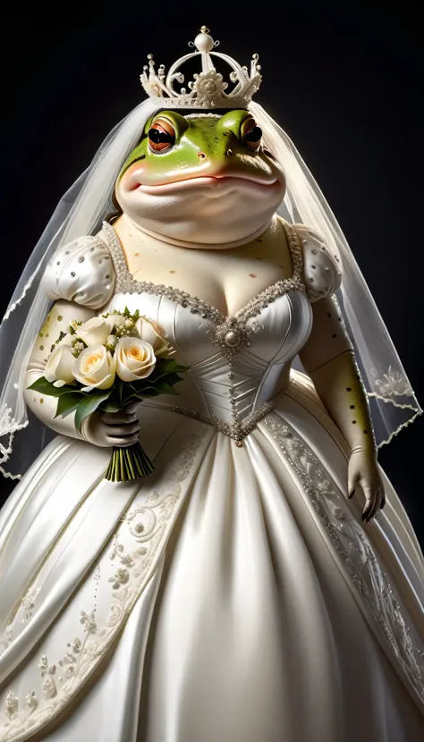 photorealistic portrait of dressed animals - a ((fat)) toad bride,(elegant pose),(smile),(furry), high quality,(lovely) ,intrica...