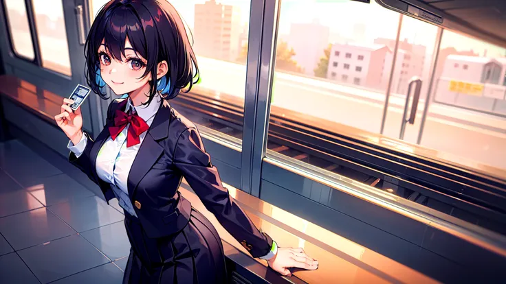 One girl、super quality、A black-haired high school girl smiling as she passes through the train ticket barrier、smile、Nice body、the skirt is short,、Ultra HD、amazing