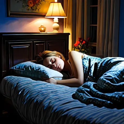 a girl sleeping alone in a lonely night at a bed in the house