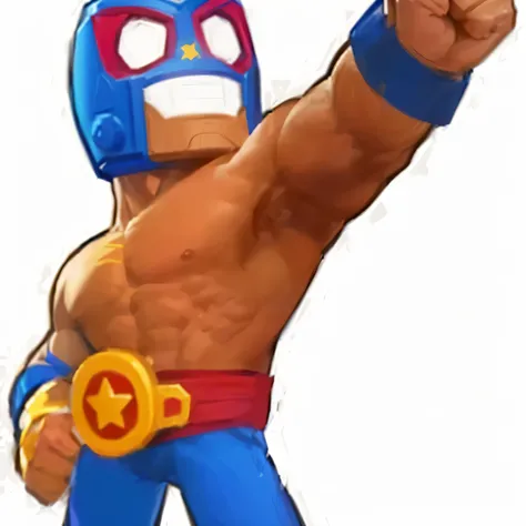 a cartoon fighter with a fist in his hand, estrellas de pelea, postura de brazos en jarras, salpicaduras de arte brawlstars, hero action pose, Heroic Action Pose, hero pose, hombre aficionado, pose heroica de patadas, demon boxing hero, muscular character,...