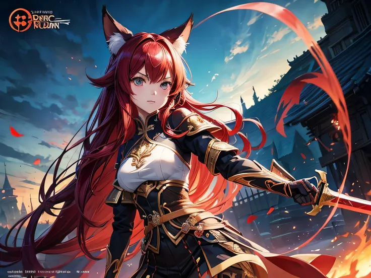 anime girl with long red hair holding a ball and a sword, with black anime fox girl with them, 2 person, light novel cover art, epic light novel art cover, epic light novel cover art, anime in fantasy style, trending on artstation pixiv, artgerm and genzom...