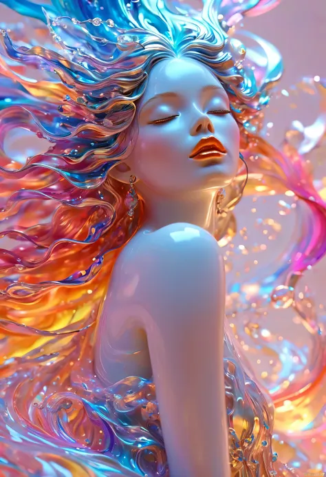 （super fine，lifelike：1.37），psychedelic abstract art：3d goddess sculpture made of flowing liquid，beautiful detailed eyes，beautifu...