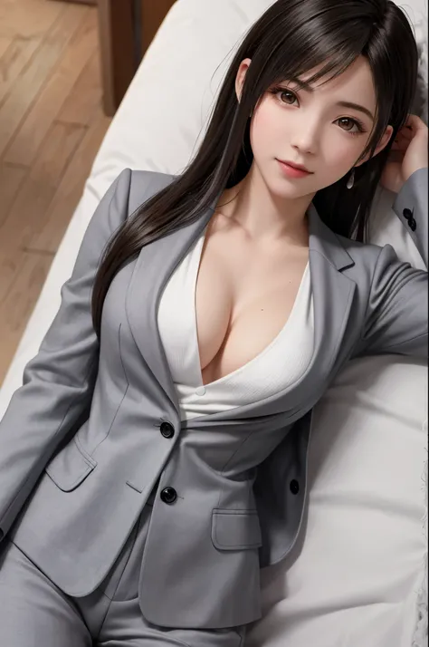 {{top quality, masterpiece}}, (Realistic: 1.3), BREAK {{{FF7,Tifa_lockhart,solo}}},(Japanese ,gray tailored jacket, gray tailored pant, office suit:1.3) ,(office, sofa, indoor),(Lying:1.5,on back:1.5),(cool pose:1.1),Ultra-detailed face, Detailed eyes, Red...