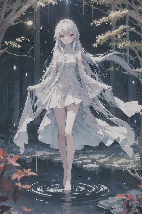 Dreamy and beautiful moonlight in the dark forest。View of a 15-year-old girl from above。(wet silver hair and red eyes)。smile slightly。She wore only a long transparent white cloth with beautiful lace trim。Soak the cloth in water。(splashing in the dark fores...