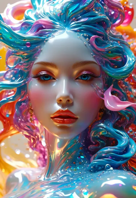 （super fine，lifelike：1.37），psychedelic abstract art：3d goddess sculpture made of flowing liquid，beautiful detailed eyes，beautifu...