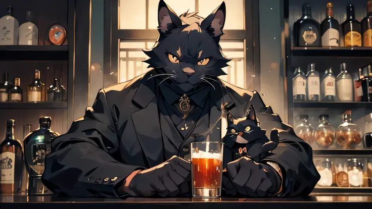 Older Black cat man, whole body,  Bar Master, Black cat man, Cat in the face, Calm atmosphere, Polishing the glass, Bartender attire,