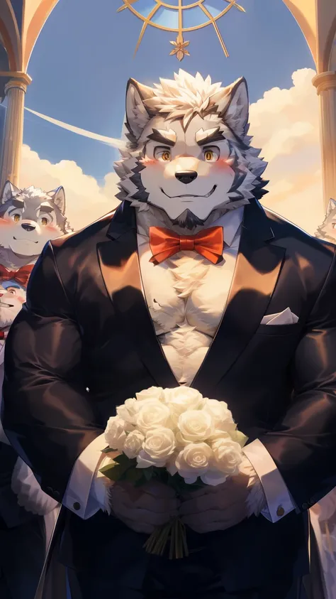 Solitary, anthropology, hairy, hairy male, Wolf, ((Fluffy fur, Fluffy, hairy body)), (Wolf印), (short beard), youth, Gray body, muscular, White, Big muscles, Golden pupils, Tail, deTailed teeth, deTailed face, Fundos, bridegroom, (Black suit suit), (Small r...