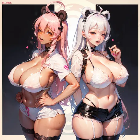 ((((1girl)))), ((1 person)), ((anime)), ((pink hair)), ((long hair)), ((ahoge)), ((blunt bangs)), ((bear ears)), (((((dark skin))))), ((huge breasts)), ((brown eyes)), half-closed eyes, ((cleavage)), ((thick thighs)), ((thick lips)), ((wide hips)), ((thigh...