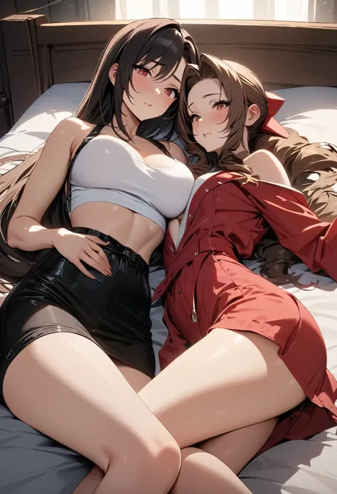 masterpiece, best quality, perfect anatomy, 4k resolution, 2girls, (Tifa Lockhart) and (Aerith Gainsborough), laying on bed together