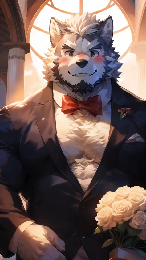 Solitary, anthropology, hairy, hairy male, Wolf, ((Fluffy fur, Fluffy, hairy body)), (Wolf印), (short beard), youth, Gray body, muscular, White, Big muscles, Golden pupils, Tail, deTailed teeth, deTailed face, Fundos, bridegroom, (Black suit suit), (Small r...