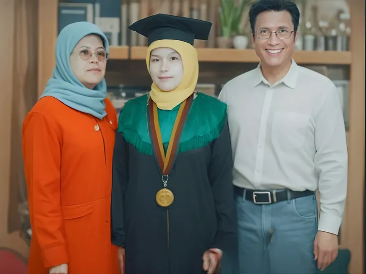 there are three people standing together in a room with a book shelf, portrait shot 8 k, graduation photo, screenshot from a movie, color corrected, wearing an academic gown, colored photo, still from the movie, soft portrait shot 8 k, still from a movie, ...