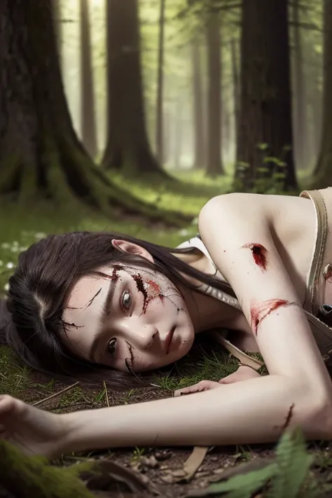 (SFW:1.5),(photo Realistic:1.4), (hyper Realistic:1.4), (Realistic:1.3), best quality,Wounded,1 dead body,corpse,breastplate,girl,middle ages,13 years old,slender,in the forest,Detailed skin texture,Sleeveless,feet,Dirty Skin