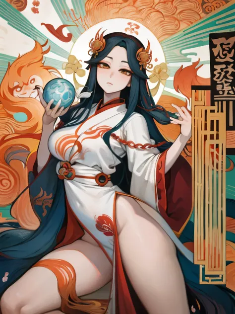 a painting of a woman with long hair and a flower in her hand, korean art nouveau anime, japanese goddess, flowing hair and long...