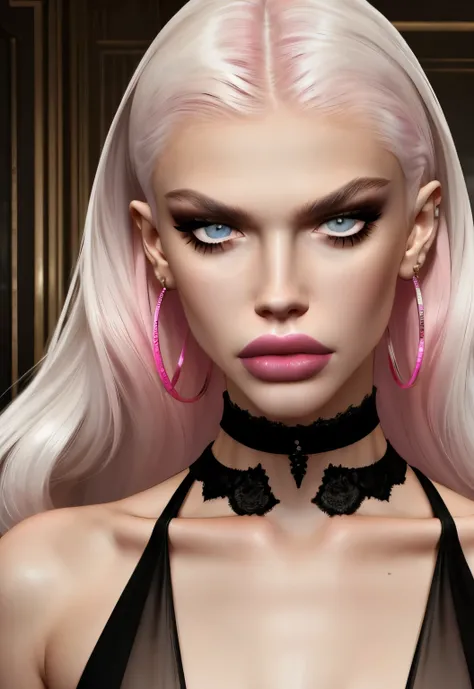 boy avatar, andrej pejic, long hair, gray eyes, sharp features, white skin, bimbo lips, pink lipstick, sexy look bodystockings, lace, black.