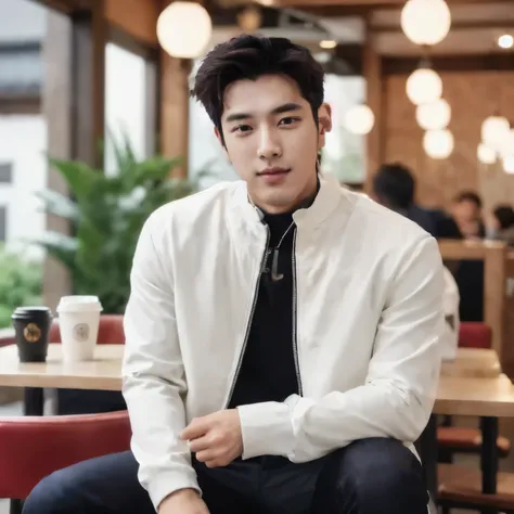 Arawid man sitting in a restaurant drinking coffee, Korean male, Handsome Chad Chin, Korean Artist, Hentai, Mr. Jia, jinyoung shin, Inspired by Kim Eung-hwan, Charles Jeong, Nam Jae-yeon, Hong Junheng, Inspired by Lee Joong-geun, Who is Shi Yu?, Mr. Cao, H...