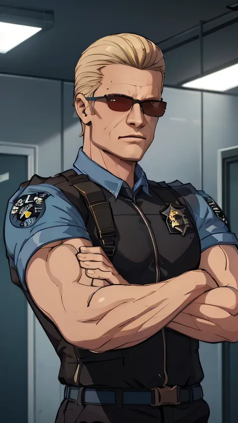 (masterpiece, best quality:1.2),  albertwesker, solo, shirt, 1boy, collared shirt, uniform, vest, sunglasses, blue shirt, police uniform, indoors, crossed arms, leaning back,