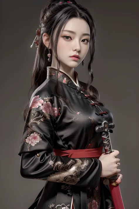 ((masterpiece, highest quality, High resolution, Realistic, to be born, 8k wallpaper)), Female swordsman in Chinese costume, Heroes of the Three Kingdoms, (He has a big sword in each hand), She has long black hair tied back, Wearing a seductive Chinese dre...