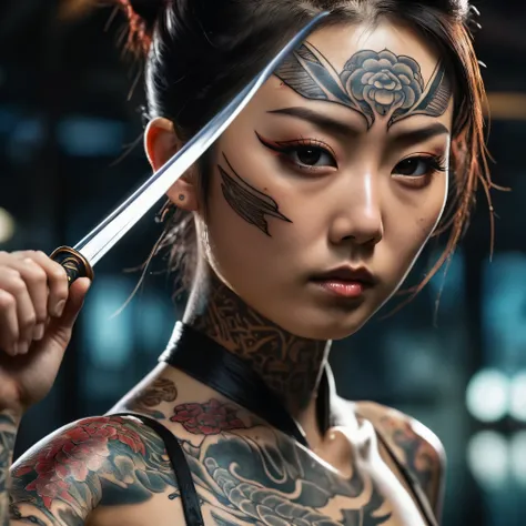 reflective art. a beautiful japanese woman with tattoos on her face and body in a reflective katana blade. close-up shooting alo...