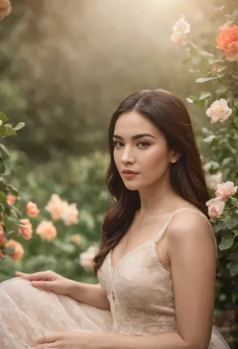 uma garota morena Latina, USANDO CALCINHA DE RENDA Transparente, Asian woman in a beautiful flower garden