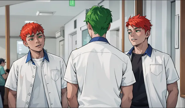 He has green hair. There are 3 young men, 16 years old, who are bullying. He is insulting. 